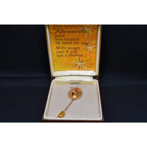 Vintage Signed Rose Flower Stick Pin, 14K Gold Overlay, In Original Box - Picture 1 of 10